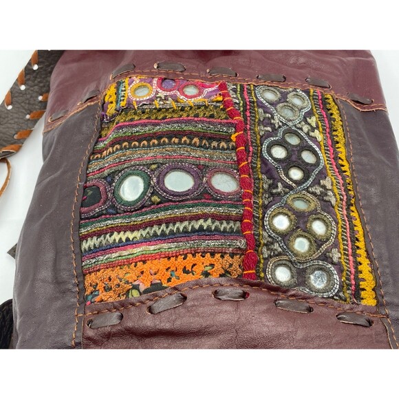 Vintage Hippie Boho Vegan Leather Backpack Banjara Embroidered Mirror Unique! - Picture 8 of 15